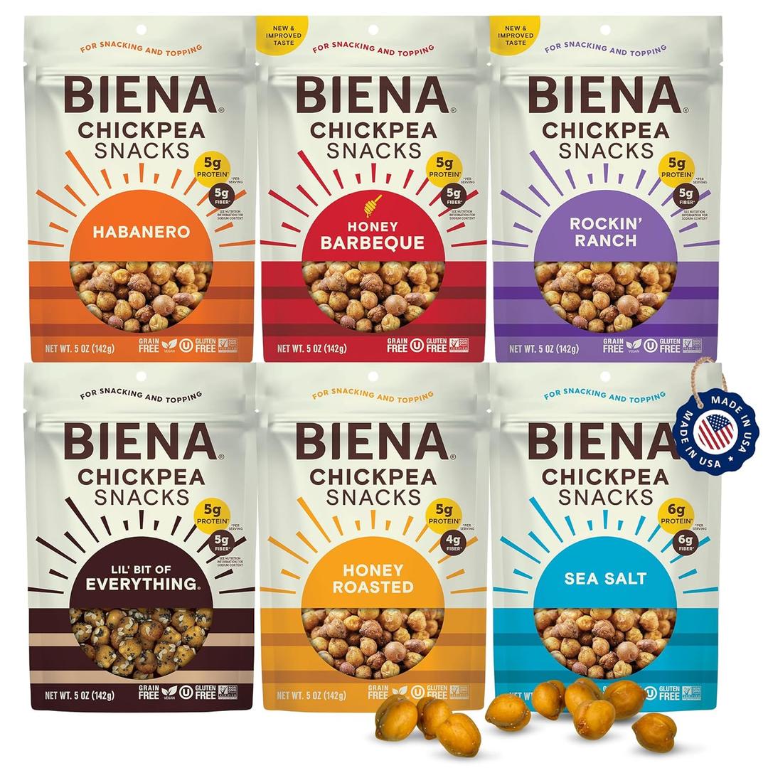 BIENA Chickpea Snacks - Crunchy Roasted Chickpeas - High Fiber Vegan Protein Snack for Adults & Kids - 6-Pack, 5 oz Bags - BBQ, Habanero, Honey Roasted, Lil' Bit of Everything, Sea Salt, Rockin' Ranch Exp 3/5/27