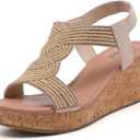 Ruiee Wide Width Wedge Sandals for Women, Comfortable Ankle Strap Open Toe Summer Shoes Platform Wedge Dressy Women Sandals. (Gold) 8 X-Wide, Beige