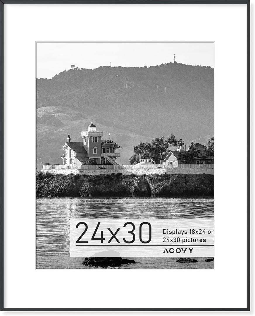 Premium Aluminum Picture Frame, 24x30 with Mat for 18x24, HD Tempered Glass, Metal Photo Frame for Wall Display, Wall Hook Included (Black) (24''x30''-1P Real Glass, Black)