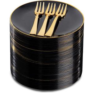 Festiva 200Pcs Black Gold Dessert Plates 6.3" with Plastic Forks 5"- Small Disposable Plates- Dessert/Cake/Appetizer Plastic Plates include 100Plates 100Forks for Tea Party & Birthday