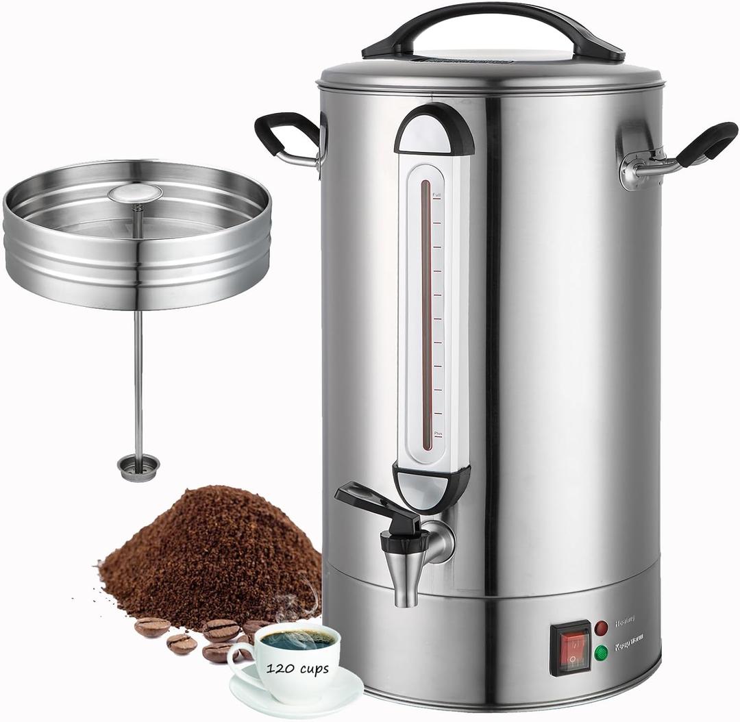 Fattong's Lab Commercial Coffee Urn, 120 Cup Large Coffee Maker for Catering & Events, 20L Stainless Steel Percolator, 1300W Fast Brew Hot Water Dispenser with Double Wall Insulation, Silver
