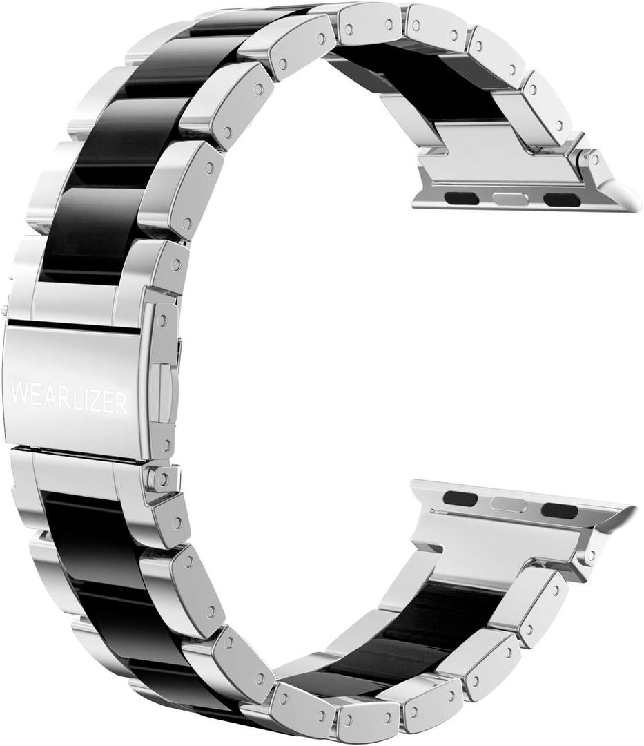 Wearlizer Compatible with Apple Watch Bands, Mens Womens Replacement Strap Silver Stainless Steel & Black Resin Wristband Fashion Metal iWatch, Size: 38/40/41/42mm(Series 11 10)