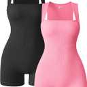 OQQ Women 2 Piece Rompers Yoga Stretch Strappy Square Neck Sleeveless Exercise Rompers (Large, Black,candypink)