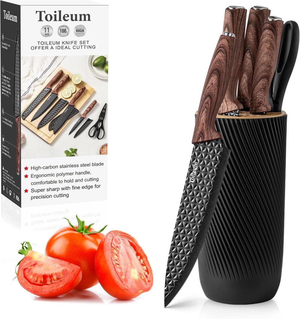 Knife Set, Toileum 11 Piece Black Kitchen Knife Block Set, Anti-Rust Non-Stick Stainless Steel Chef Knife Sets with 6 Blade Guards for Kitchen, Ergonomical Design (Black)