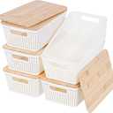 Small Storage Bins with Lids 6 Packs, Plastic Storage Basket with Bamboo Lid for Pantry Organization and Storage Containers for Shelves Drawers Desktop Closet Playroom Office Home, White