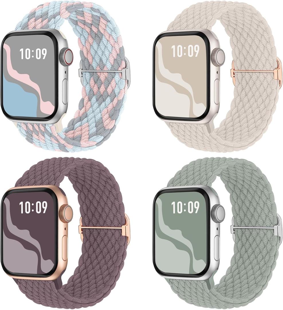 Braided Stretchy Solo Loop Compatible for Apple Watch Band 38mm/40mm/41mm/42mm(Series 11/10) for Women Men, Nylon Elastic Straps Wristbands for iWatch Series 11/10 9 8 7 6 5 4 3 SE/Ultra 3 2 1 (Coral/Starlight/Smoke Violet/Sage Green)