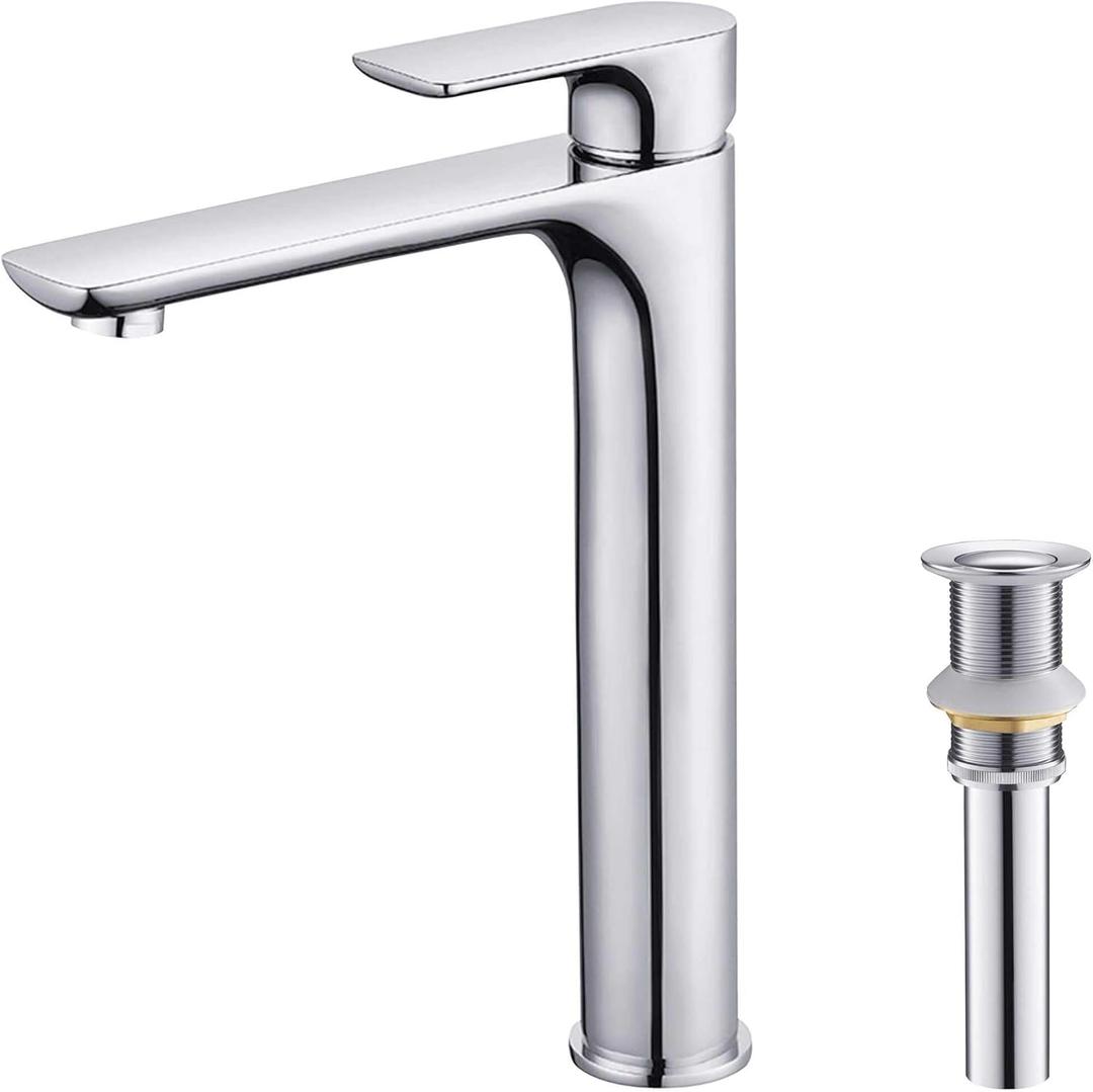 KIBI Tender-T Single Handle Bathroom Vessel Sink Deck Mount Faucet with Pop-Up Drain, Solid Brass High Arc Spout, Lead-Free Material, Corrosion & Rust Resistant, Modern Chrome Finish (KBF1020) (Chrome W/ Pop Up Drain)