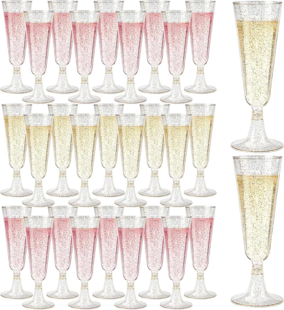 GuanQiao 100 Pack Plastic Champagne Flutes, 5.5 OZ Disposable Plastic Champagne Glasses with Gold Glitter, Wine Glasses Cups for Wedding Celebration Party Wine Tasting New Years Eve Supplies