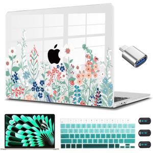 CISSOOK Compatible with MacBook Air 15 inch Case 2025 2024 2023 Release Model A3114 A2941, Plastic Hard Shell Case with Keyboard Cover for MacBook Air 15.3 M4 M3 M2, Wild Green Flower