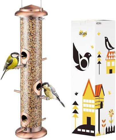 iBorn Metal Bird Feeders Brushed Copper Wild Bird Feeder for Outdoors Hanging All Metal Brushed Copper Finishing 14 Inch 6 Port(Seed is not Included)