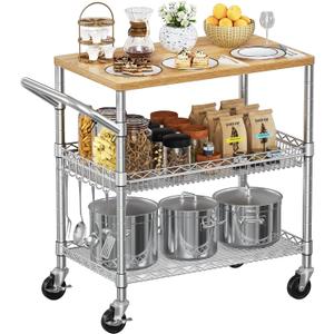 NTE Rolling Kitchen Carts on Wheels, 650Lbs Capacity 3 Tier Utility Cart with Wood Tabletop, Kitchen Storage Cart with 8 Hooks, Metal Serving Cart with Handle and Shelf Liners for Kitchen, Restaurant