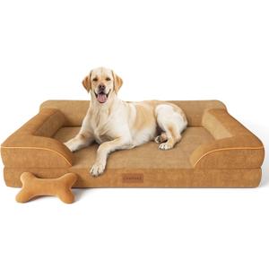 Jumbo Dog Bed for Extra Large Dogs, Orthopedic Dog Bed with Cooling Gel Memory Foam, Waterproof Pet Bed with Removable Washable Cover, 45" Pet Sofa Couch Dutch Velvet with Bone Toy, Brown