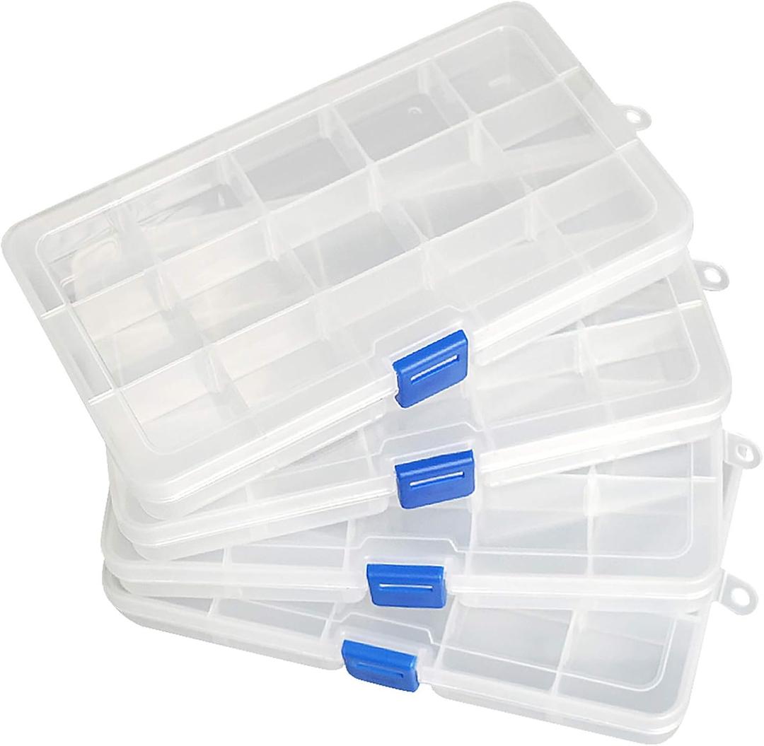Qualsen Plastic Organizer Storage Box with Adjustable Dividers, Fishing Tackle Box and Bead Organizer Box for Jewelry, Beads, Earrings, Tools, Fishing Hooks, and Small Accessories15 Grid (4 pack, White)