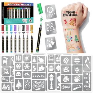 Temporary Tattoo Markers for Skin, 8 Metallic Body Markers + 155 PCS Christmas Face Paint Stencils for Kids Adults Women Men Tattoo Pens for Kids DIY Body Art Party Favor Xmas Gift