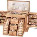 Poyilooo Jewelry Box Organizer, Solid Wood Jewelry Boxes fow Women with Mirror, Large Jewelry Organizer Box Display Earring Necklace Bracelet Ring, Rustic Style Small Jewelry Box for Girls
