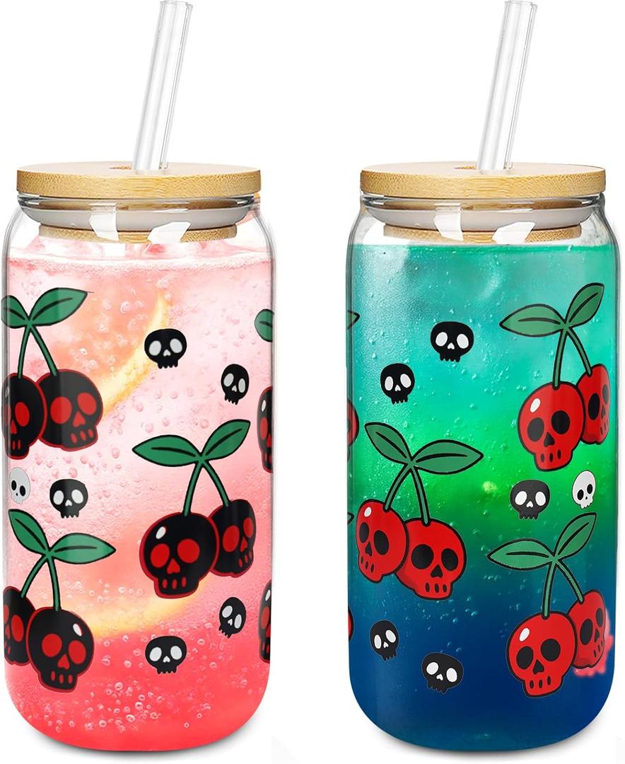 Halloween Cups 2 Pcs, 18 oz Skull Glass Cups with Lids and Straws Ghost Mug Glass Tumbler Mason Jar Iced Coffee Can, Spooky Gifts Boo Basket Stuffers Drinking Glasses Halloween Decorations