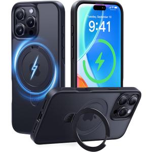 CASEKOO Ultra-Magnetic Stand for iPhone 16 Pro Case [Military Drop Protection] [Compatible with MagSafe] Shockproof Translucent Matte Slim Ring Holder Case for iPhone 16 Pro 6.3 Inch, Black