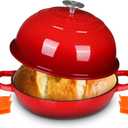 LIFERUN 6qt Enameled Cast Iron Dutch Oven for Sourdough Bread Baking, Non-Stick Dome-Shaped Bread Oven Pot with Lid, Silicone Handles and Scraper, Red