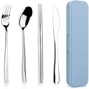 5 Piece Rsiynax Portable Travel Utensils Set with Case, Premium 304 Stainless Steel Camping Utensils Set, Reusable Silverware for Camping, Lunch, Work, School, etc, Easy to Clean (Silver)