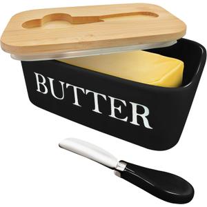 Butter Dish with Lid and Knife Spreader for Countertop and Refrigerator, Keep Butter Fresh, Easy Scoop, Dishwasher Safe, Butter Keeper Tray for West/ East Coast Butter (Black)