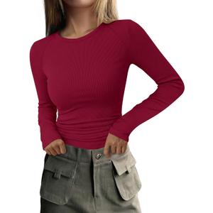 PRETTYGARDEN Long Sleeve Shirts for Women Fall Going Out Tops Casual Ribbed Knit Slim Fitted Basic Tees Y2K Spring Clothes (XXL)