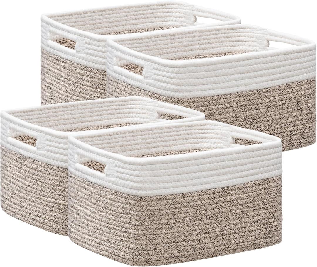 UBBCARE 4 Pack Storage Baskets for Shelves, Baskets for Organizing, Cube Shelf Storage Bin with Handles, Woven Storage Basket, 13"L x 9"W x 7.5"H, White&Light Brown