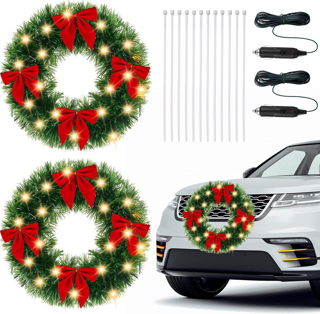 Riceshoot 2 Pack 12V LED Christmas Car Wreath with Red Bow 13 Inch Artificial Lighted up Wreath for Car Front Grill Plug in Lighting for Xmas Hanging Decoration (Yellow Light Classic)