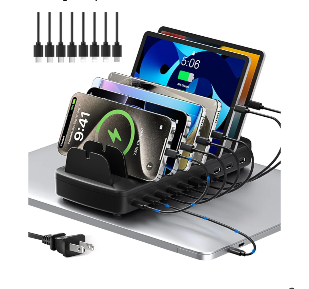 510W Fast Charging Station for Multiple Devices, 10 Port USB C Charger Station with Flame-Retardant Material & 8 Cables for iPhone, Android, iPad, Tablets, Family Office Desk Charging Dock Organizer