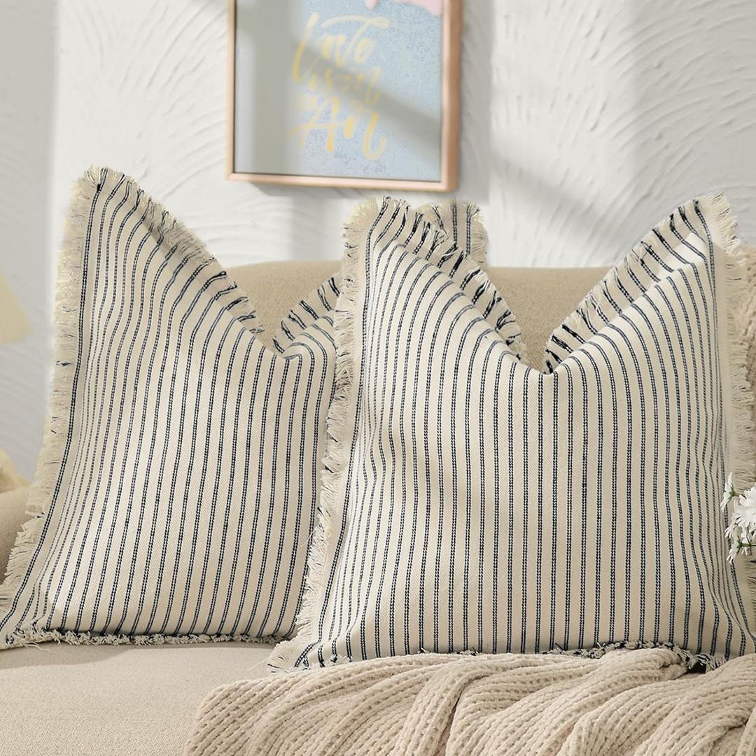 ZWJD Throw Pillow Covers 24x24 Set of 2 Striped Pillow Covers with Fringe Chic Cotton Decorative Pillows Square Cushion Covers for Sofa Couch Bed Living Room Farmhouse Decor (Navy)