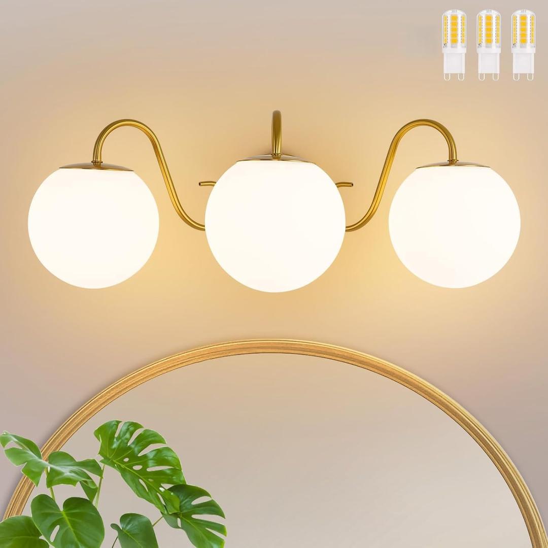 3 Lights Vintage Bathroom Vanity Light Fixtures Over Mirror, Brushed Gold Vanity Lights For Bathroom With Milk White Glass Globe Shade, Wall lights For Bedroom, Hallway, Dressing Table, G9 Bulbs