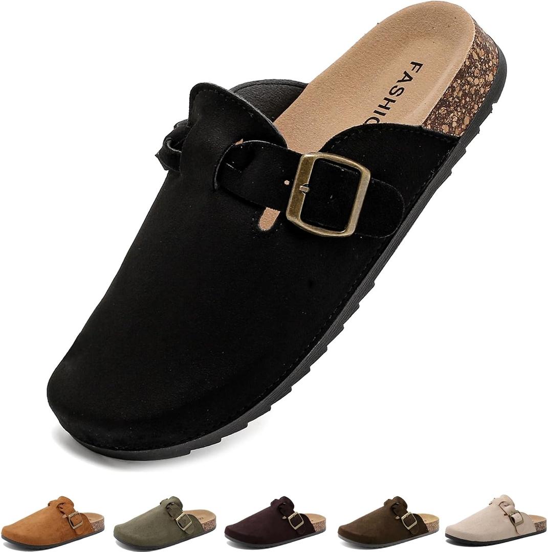 Suede Clogs for Men Soft Cork Footbed Women's Clogs Mules with Arch Support, Adjustable Buckle Comfort Leather Potato Shoes, Slip-On Closed Toe Slippers (Black)