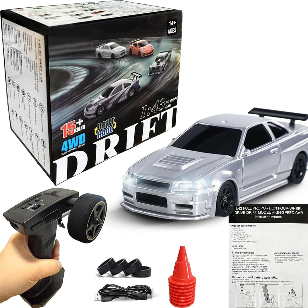 Mini RC Drift Car, 1:43 Scale 2.4GHz Full Proportional Drift RC Cars, 4WD High Speed Remote Control Car with LED Lights and Replaceable Tires, RTR Hobby Model Vehicle Toy Gift for Kids, Adults, Boys