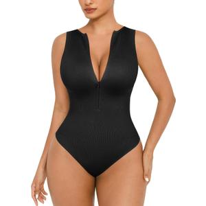 FeelinGirl Bodysuits for Women Seamless Body Suit Invisible Zip Up Crew Neck Slimming Ribbed Basic Tank Tops (Large, Black)
