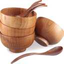 Handmade Wood Bowls,Jujube Wooden Japanese Bowl with Matching Spoon for Rice, Soup,Dip,Salad,Tea,Decoration 4 Sets(4 Bowls 4.2 IN + 4 Spoons)