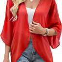 Chunoy Women Chiffon Kimono Cardigan Short Sleeve Open Front Tops Beach Wear Cover Up (Small, Red 273)