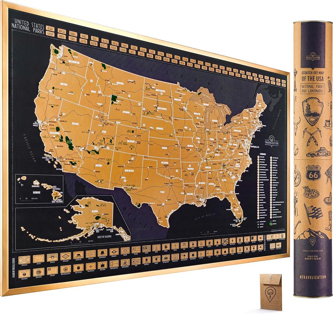 Scratch Off Map of United States 36" x 24" Frameable USA Scratch Map with National Parks, Highest Peaks and Vibrant Colors, Ideal for Travelers, Black