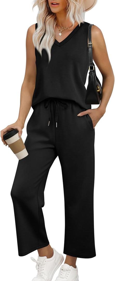 WIHOLL Two Piece Set for Women Summer Outfits Vacation Trendy Lounge Sets V Neck Matching Sets (Small, Black)