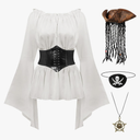 JenPen 5 Pcs Women Pirate Costume Renaissance Tops Corset Belt Pirate Hat Necklace Eye Patch for Medieval Halloween Cosplay M