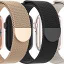 3 Pack Mesh Metal Band Compatible with Apple Watch Band 38mm 40mm 41mm 42mm, Stainless Steel Magnetic Loop Strap for iWatch Series 11/10 Men Women (D-Champagne Gold/Black/Starlight)