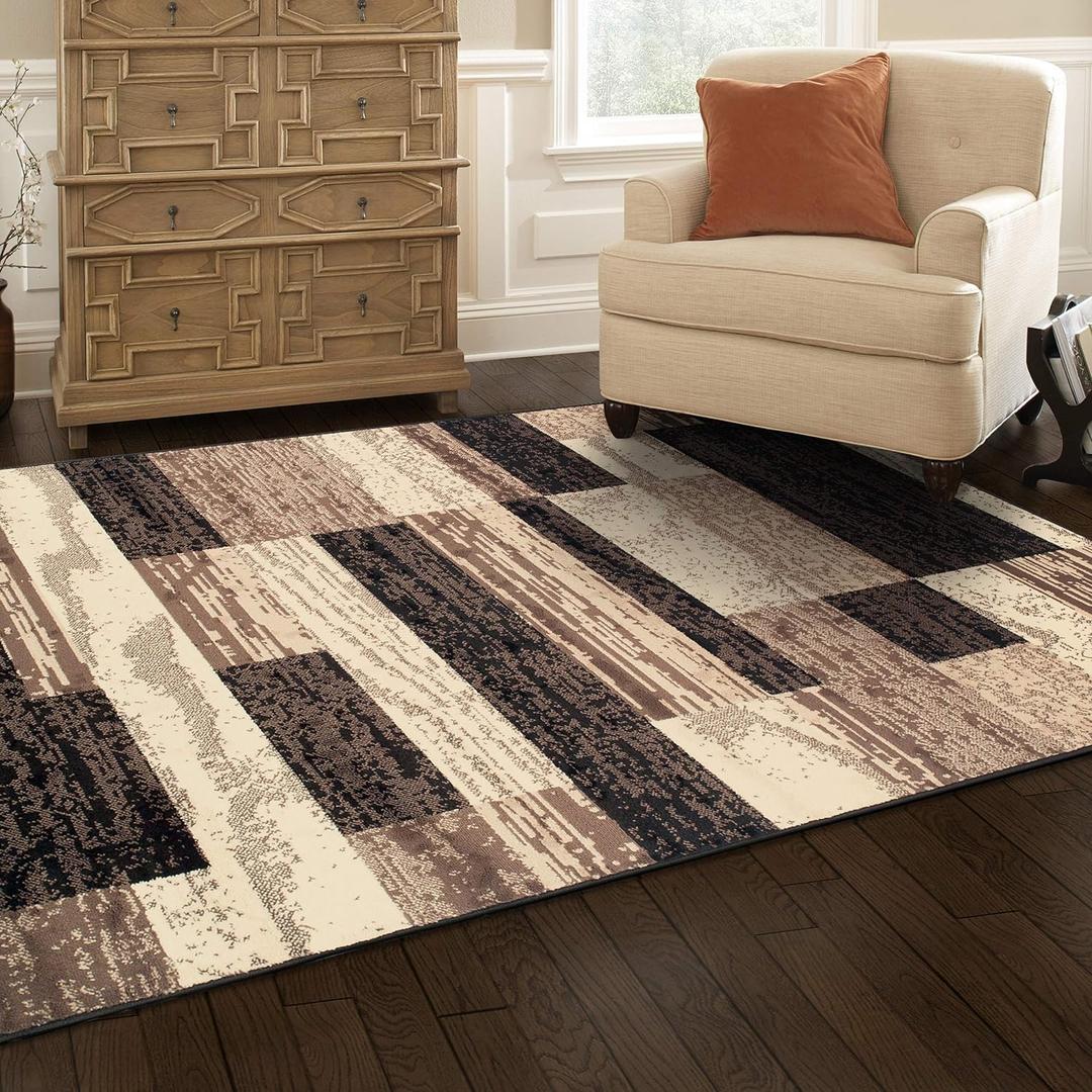 BNM Indoor Small Area Rug, Jute Backing, Modern Geometric, Perfect for Living Room, Dining Room, Bedroom, Hardwood Floors, Office, Dorm, Entryway, Patchwork Color Block, 8' x 10', Chocolate