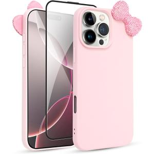 Cute Case for iPhone 15 Pro 6.1" with HD Screen Protector, Pink Glitter Rhinestone Bow Phone Cases, Soft Silicone Shockproof Protective Phone Cover for Women Girls & Girls Kids