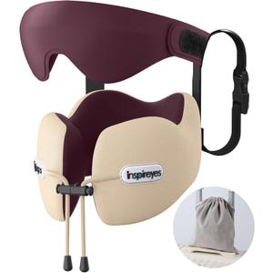 Inspireyes Neck Pillow, Travel Pillow with Seat Strap, 3D Sleep Mask, Dual Support Neck Head, High Supportive Foam Airplane Pillow for Long Flight Road Trip, Stop Bobblehead Travel Essential, Beige