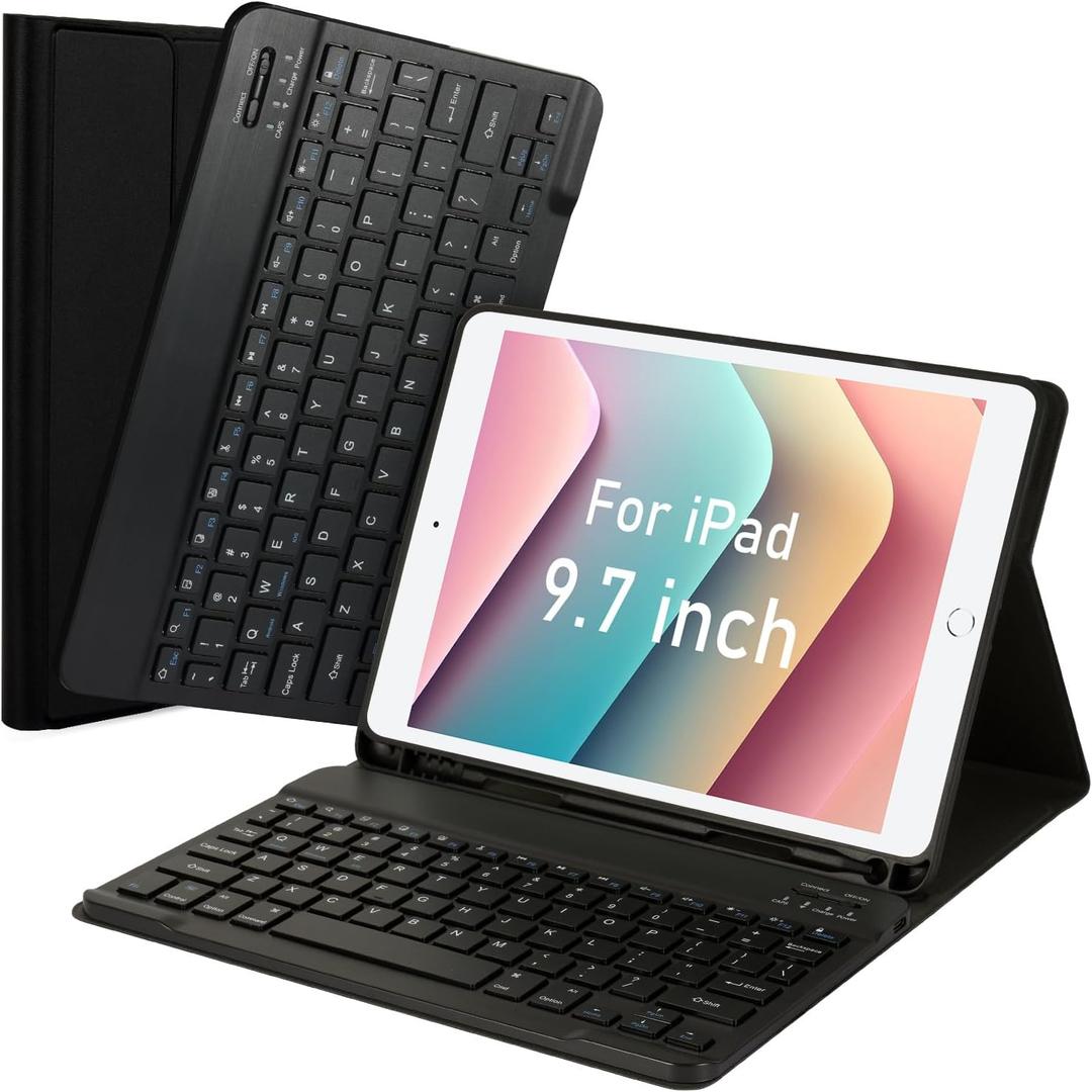 LAMA Keyboard Case for iPad 9.7 inch 2018 (6th Gen)/ 2017 (5th Gen)/2016 iPad Pro/Air 2/1, Thin - Detachable - Wireless Keyboard Cover with Pencil Holder for iPad 9.7 inch, Auto Sleep/Wake, Black