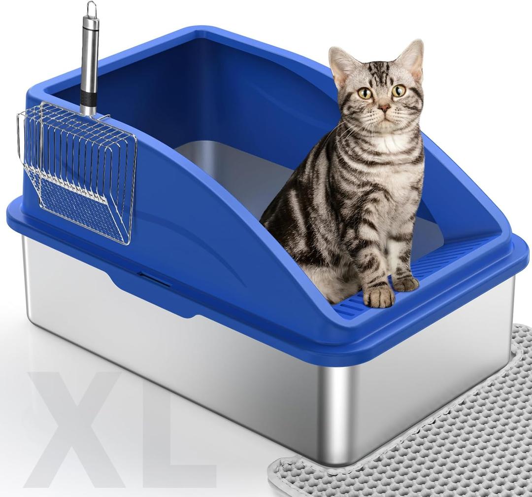 Stainless Steel Cat Litter Box, Extra Large Litter Boxes for Big Cats, Anti-Urine Leakage XL Box with High Sides, XLarge Metal Litter Box with Lid, Easy Clean, Non-Sticky, Cat Mat & Metal Scoop (Silver Navy)