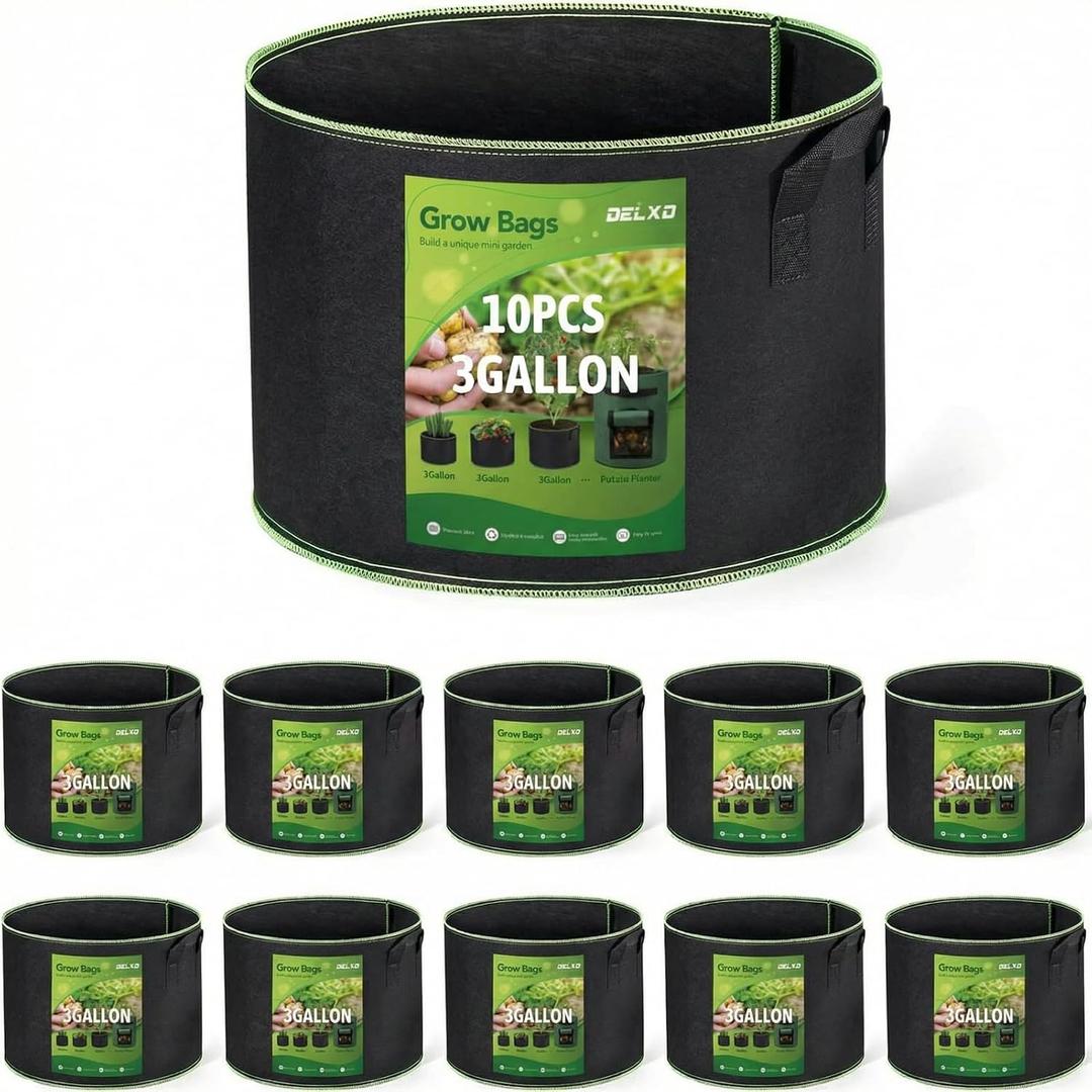 Delxo 10-Pack 3 Gallon Grow Bags Heavy Duty Aeration Fabric Pots Thickened Nonwoven Fabric Pots Plant Grow Bags with Handles Breathable Drainage Planters for Planting, Vegetables, Flowers (Black)