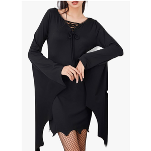 Women Halloween Sexy Dress Bat Sleeve Gothic Party Short Dress Vintage Halloween Witch Cosplay Costume with Hooded