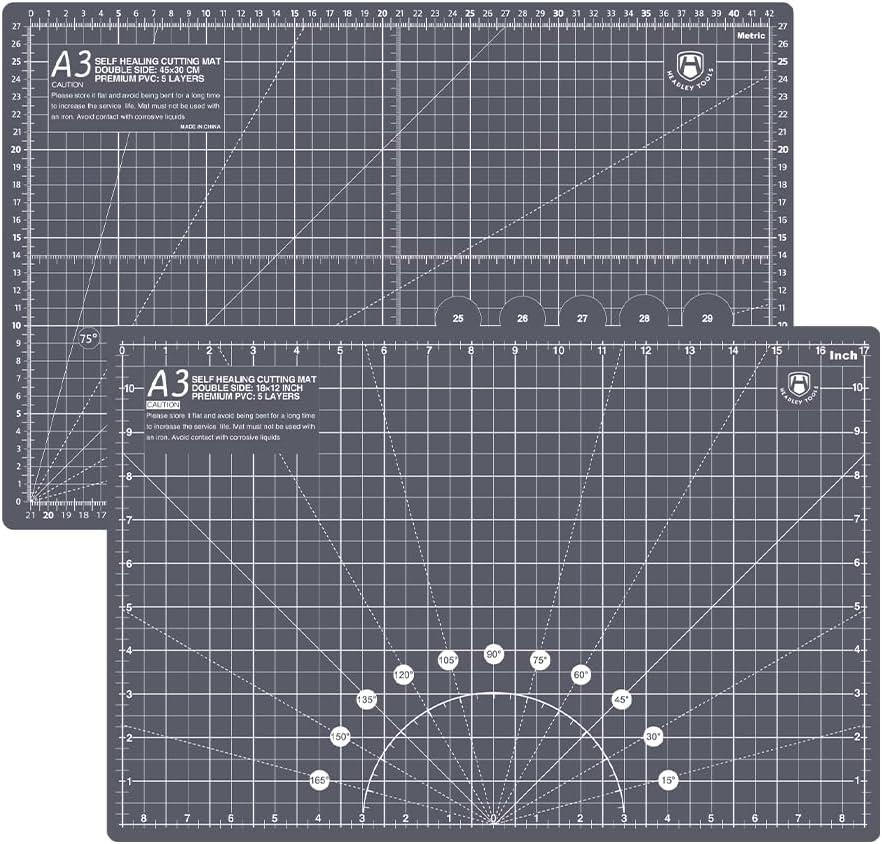 2 x Headley Tools 18"x12" Thickened Self Healing Cutting Mat, A3 Rotary Cutting Sewing Mat for Crafts, Double Sided 5-Ply Table Cutting Board for Fabric Quilting Leather Arts Hobby Project, Grey