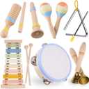 Montessori Wooden Musical Instruments for Toddlers 1-3, Baby Music Toy Set with Xylophone, Tambourine, Triangle, Clarinet, Maracas, Natural Sensory Educational Toys for Boys and Girls