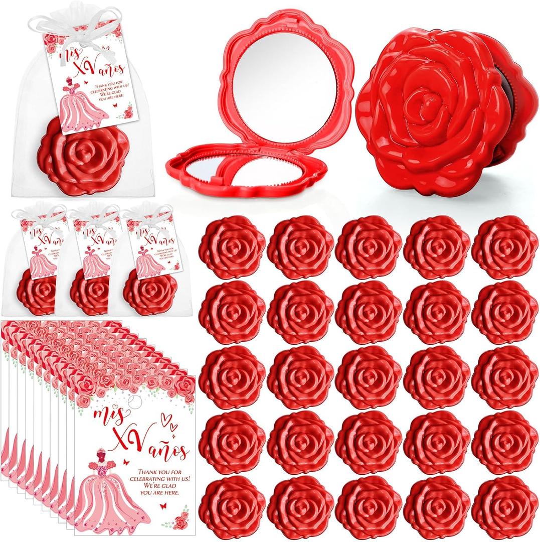 Wenqik 50 Sets Quinceanera Party Favors for Guests Rose Design Compact Pocket Mirrors Quinceanera Cards Thank You Gift and Organza Bags Birthday Party Favor (Red)