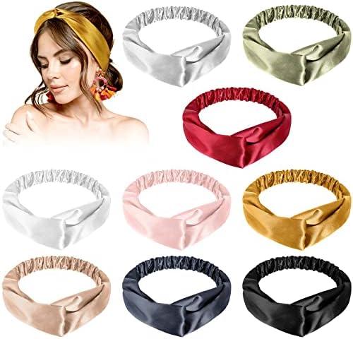 MTLEE 9 Pieces Elastic Hair Wraps and Adjustable Satin Headbands Twisted Turban Band for Face Washing, Women and Girls Hair Accessory, 9 Colors